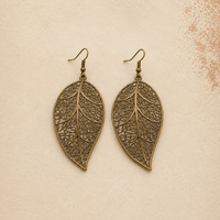 A pair of antique bronze leaf-shaped dangle earrings with intricate filigree cutouts and fishhook wires, displayed on a textured beige background.